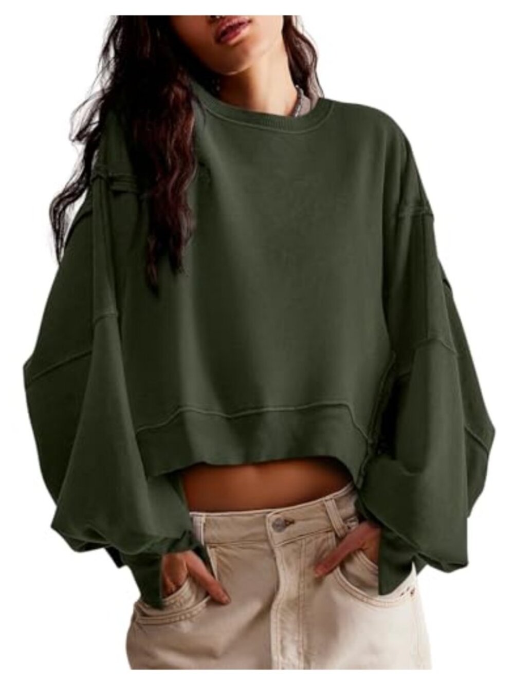 Womens Cropped Sweatshirt Loose Fit Crew Neck Pullover Crop Top